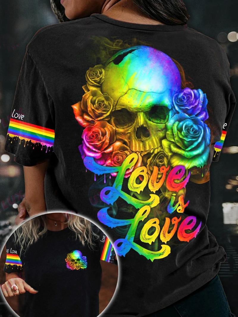 Rainbow Color Roses Skull Printed T-Shirt