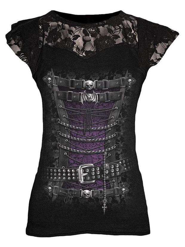 T-Shirt mit Rundhalsausschnitt und Spitze im Gothic-Stil und 3D-Druck 