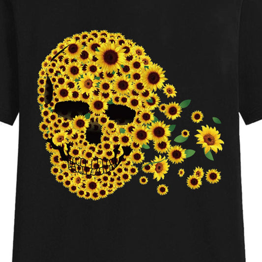 Kurzärmliges T-Shirt mit Sonnenblumen-Totenkopf-Aufdruck 