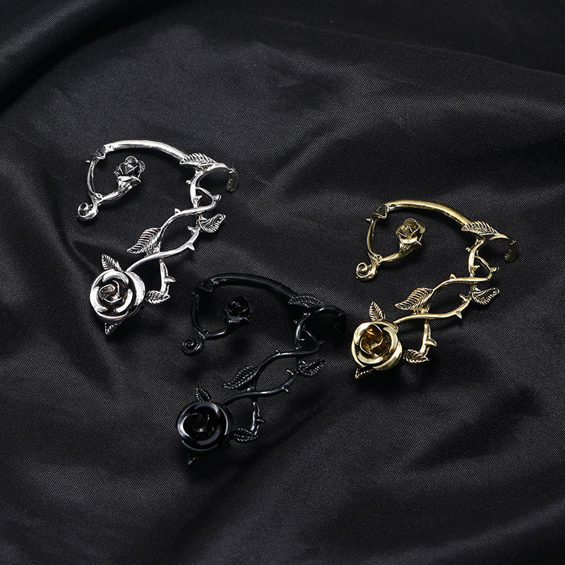 Gothic Punk Leaf Rose Ear Clips