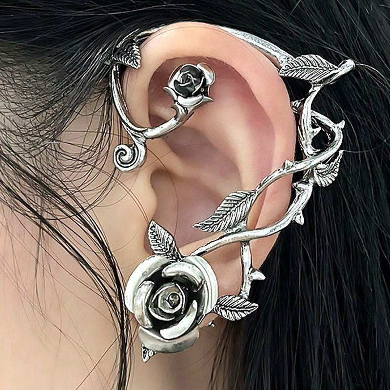 Gothic Punk Leaf Rose Ear Clips