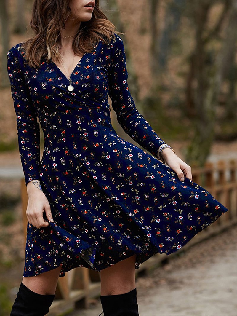 Sexy Kleid mit V-Ausschnitt und langen Ärmeln und Blumenmuster, langes Kleid mit großem Saum 