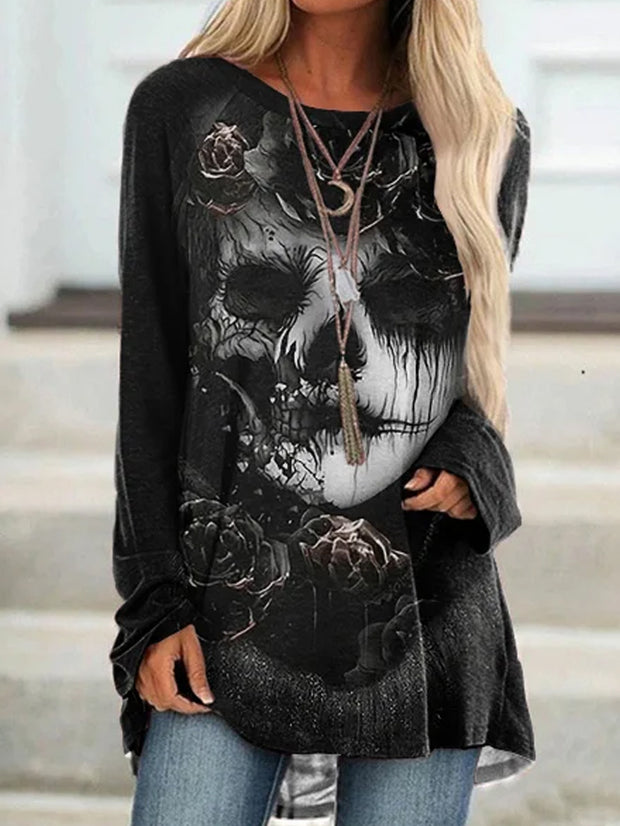 Skull Gothic Girl Printed Long Sleeve T-Shirt