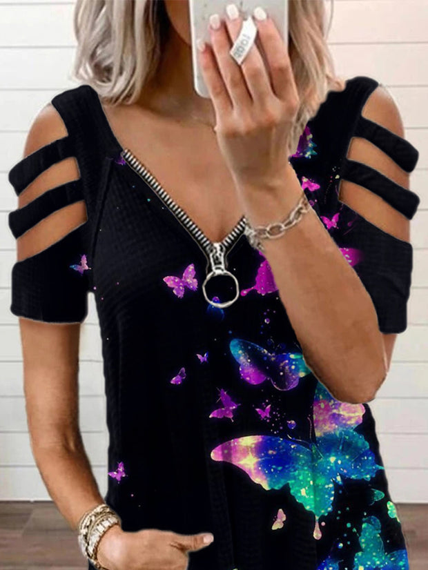 V-neck Zipper Butterfly Printed Hollowed-out T-shirt