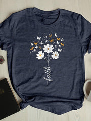 Butterfly and daisy print short-sleeved T-shirt