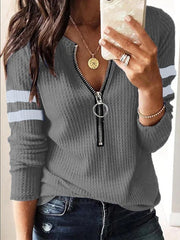 Knitted Solid Color Loose Zipper Long Sleeve T-shirt