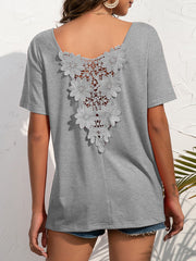 Cutout Lace Panel V-Neck Short Sleeve T-Shirt