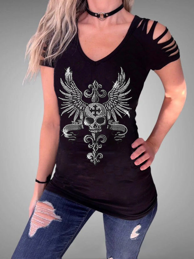 Sexy Cutout V-neck Rhinestone Skull Graphic T-shirt