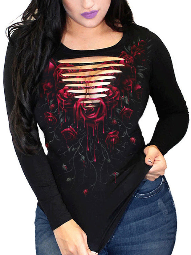The Rose of Blood Print Round Neck Long Sleeve T-Shirt