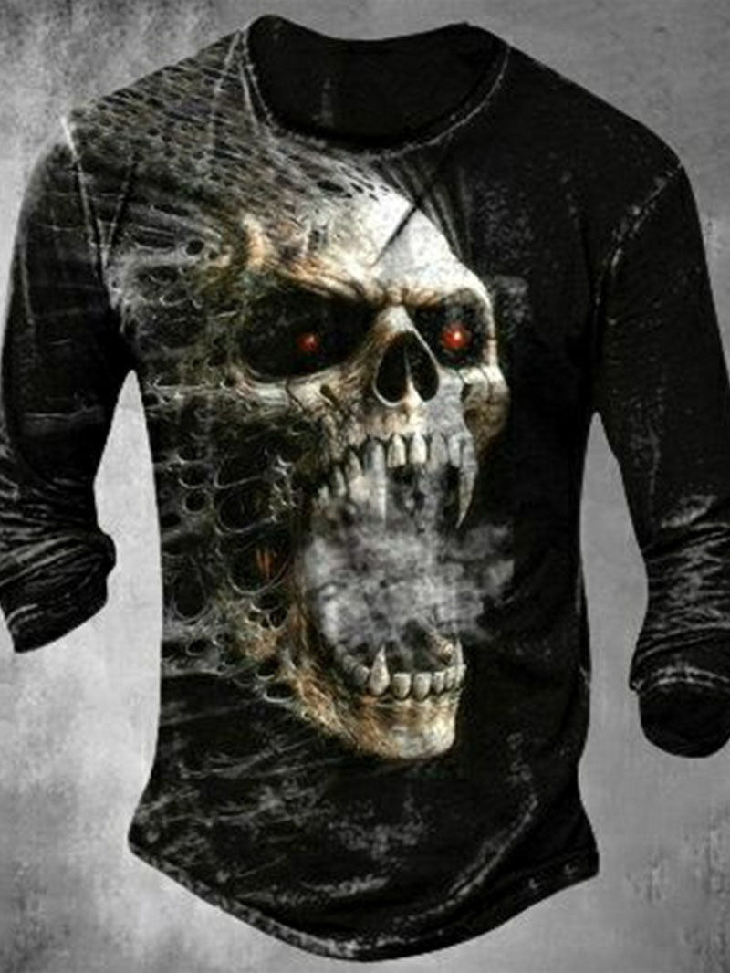 T-shirt à manches longues imprimé tête de mort pour hommes 