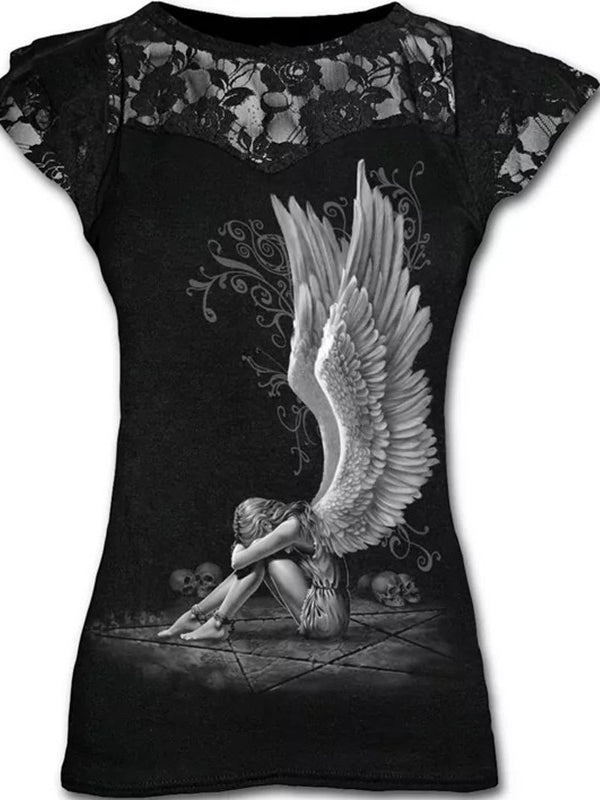 Damen T-Shirt mit Patchwork-Totenkopf-Print 