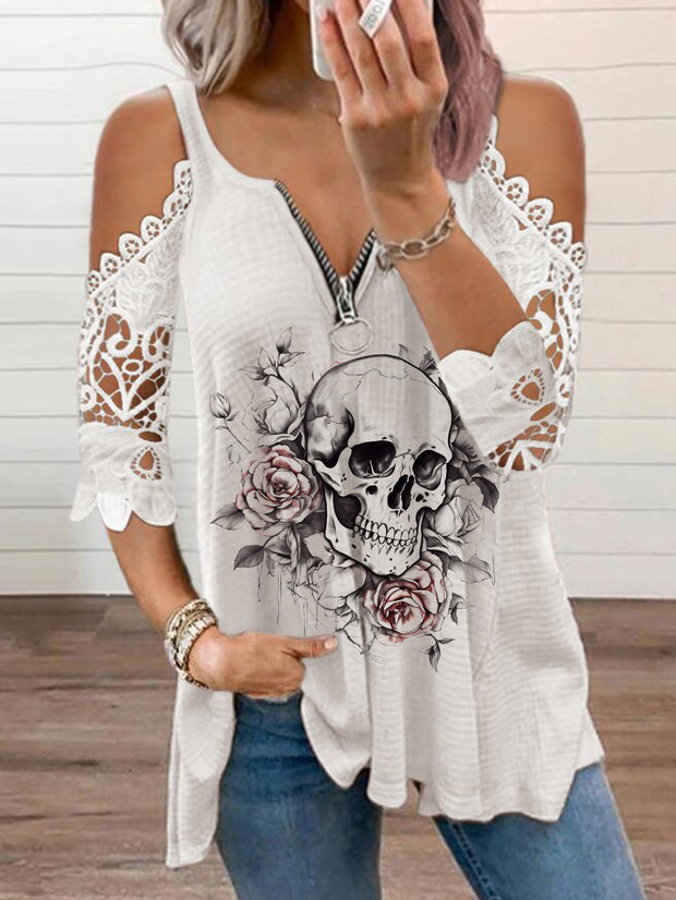 Rose Skull Lace Short Sleeve Top