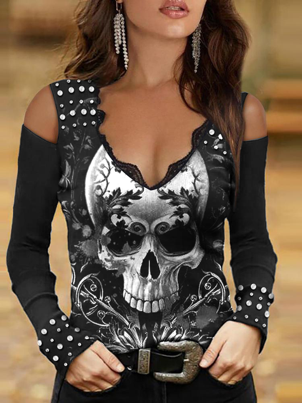 Lace Sexy Skull Printed Women's Short Sleeve Top