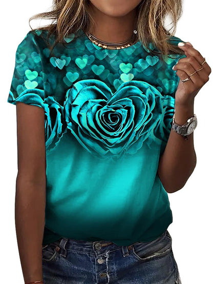 Women's Rose Print Loose round Neck Short Sleeve T-shirt