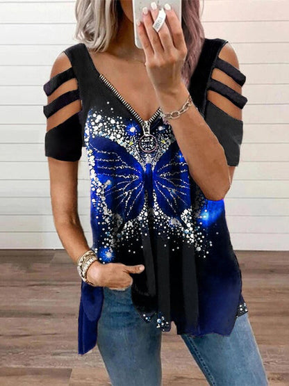 V-Neck Zipper Cut-Out Sleeve Butterfly Print T-Shirt