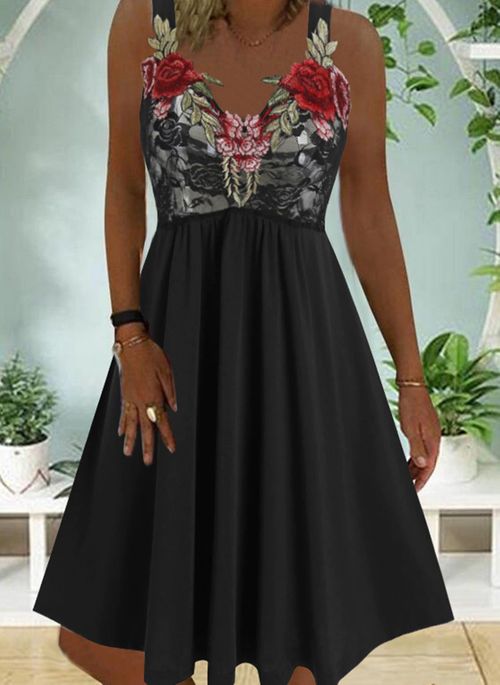 Ärmelloses, knielanges A-Linien-Kleid mit Blumenmuster und V-Ausschnitt 