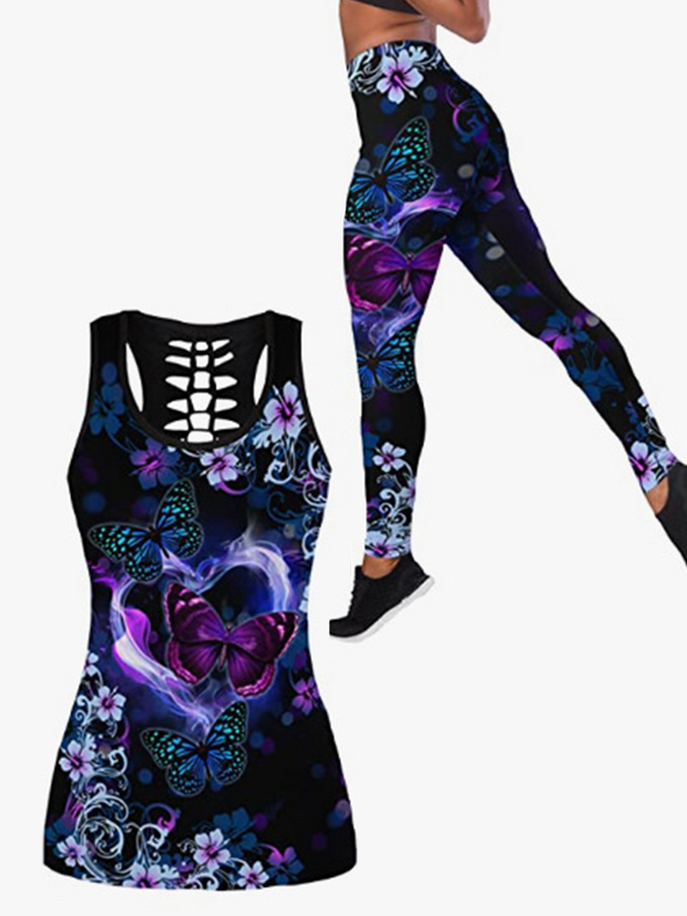 Magic Butterfly Print High Top Sports Hip Raise Skinny Yoga Suit