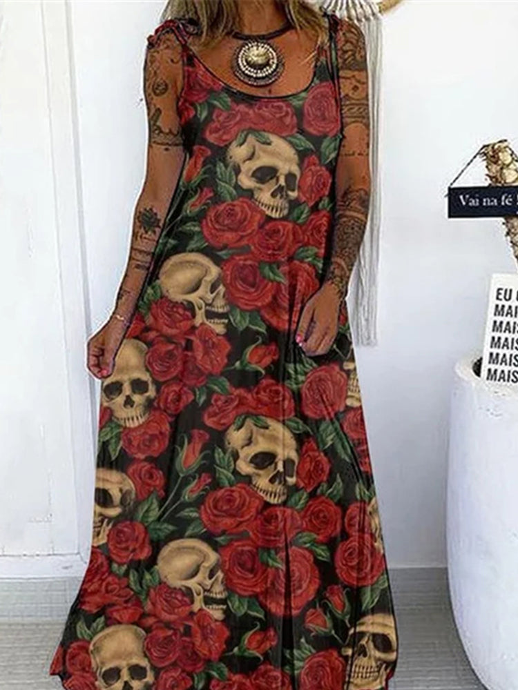 Lockeres Camisole-Kleid mit Punk-Totenkopf-Print und Schnürung