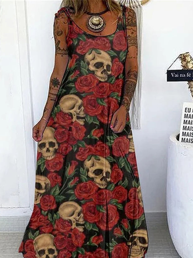 Loose Punk Skull-printed Lace-up Cami Dress