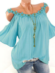 Sexy Solid Color Lace off-the-Shoulder Flared Sleeves Shirt
