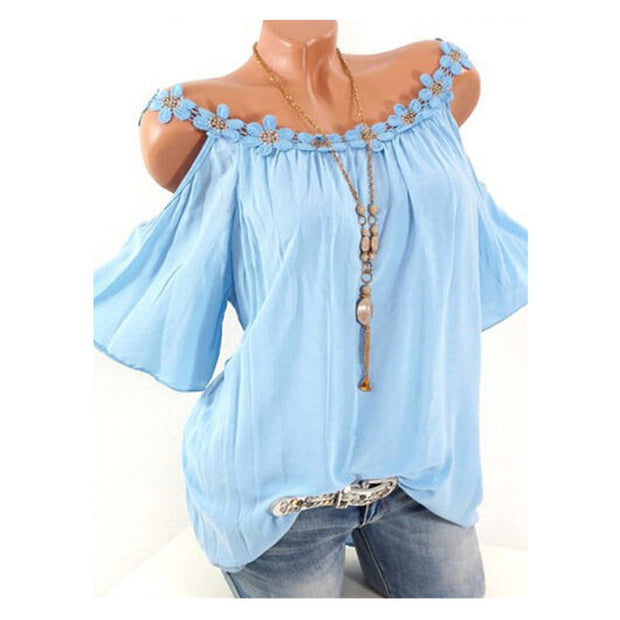 Sexy Solid Color Lace off-the-Shoulder Flared Sleeves Shirt