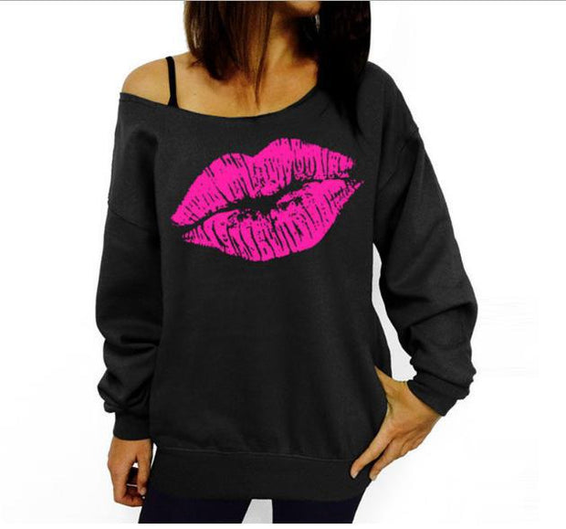 Sexy off-the-Shoulder Lip Printings off-Shoulder Sweater