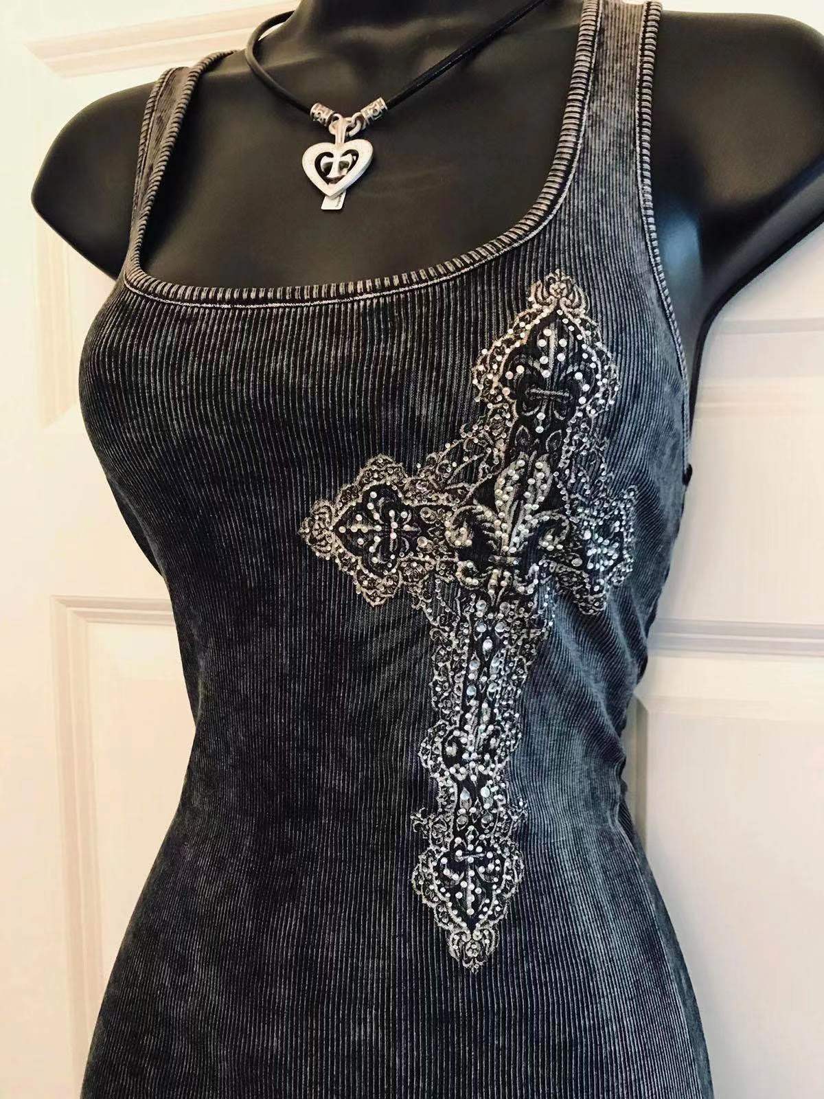 Sexy Punk Style Hot Diamond Cross Print Vest