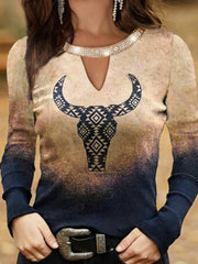 Retro casual round neck hollowed out geometric print T-shirt