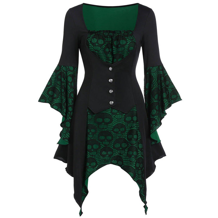 Robe gothique à col carré et tête de mort