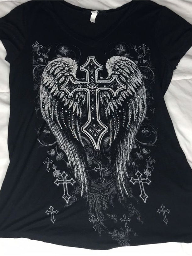 Gothic Style Wings Cross Printed T-Shirt
