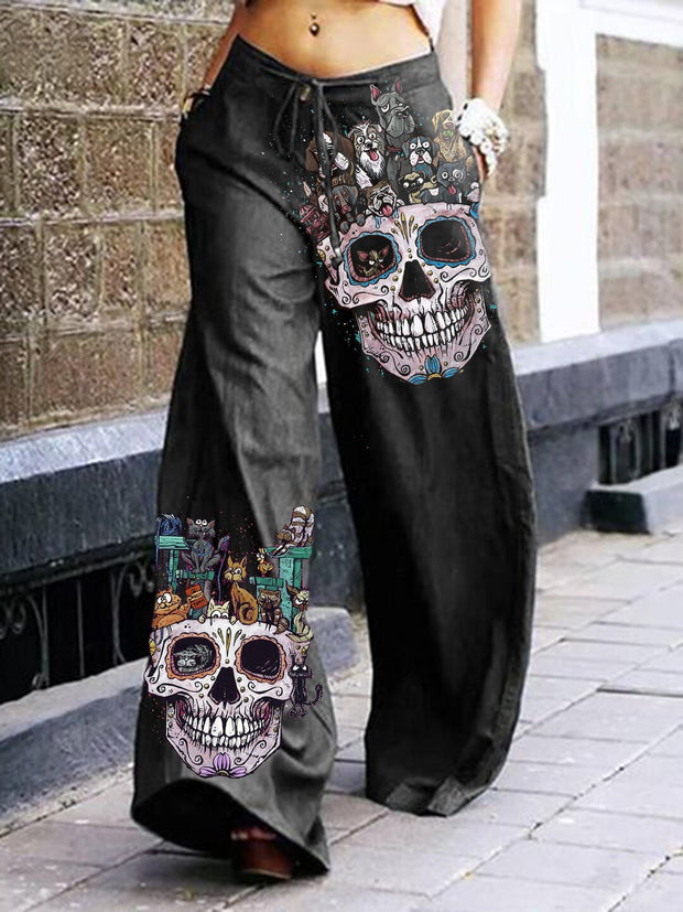 Baggy Skull Printed Wide Leg Pants