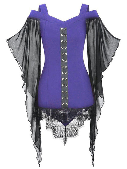 Gothic Cold Shoulder Lace-Up Blouse