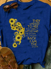 Kurzärmliges T-Shirt mit Sonnenblumen-Schmetterlings-Buchstaben-Aufdruck 
