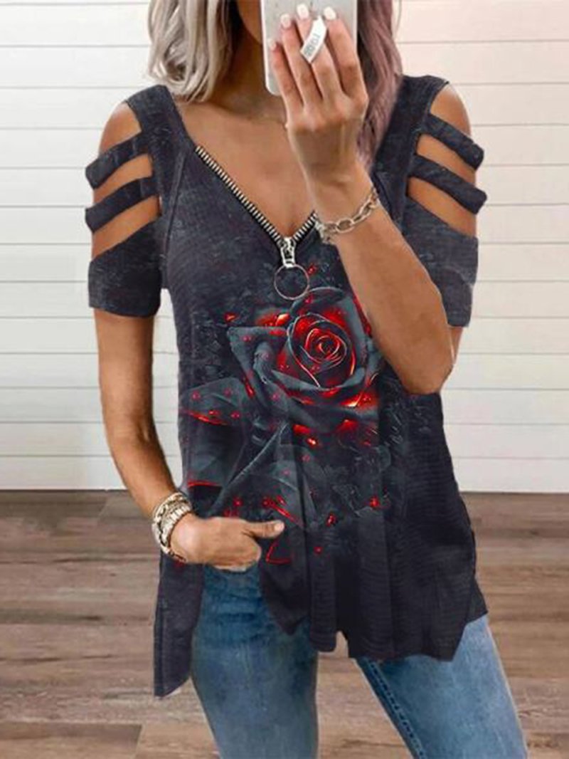 Hollow-out Sleeve Rose Printed Zipper T-shirt