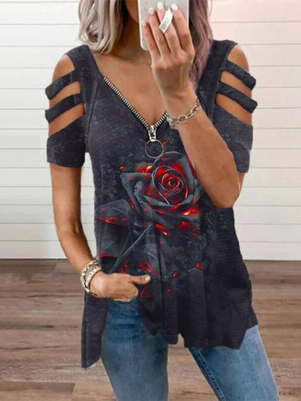 T-Shirt mit Reißverschluss und Rosen-Print 