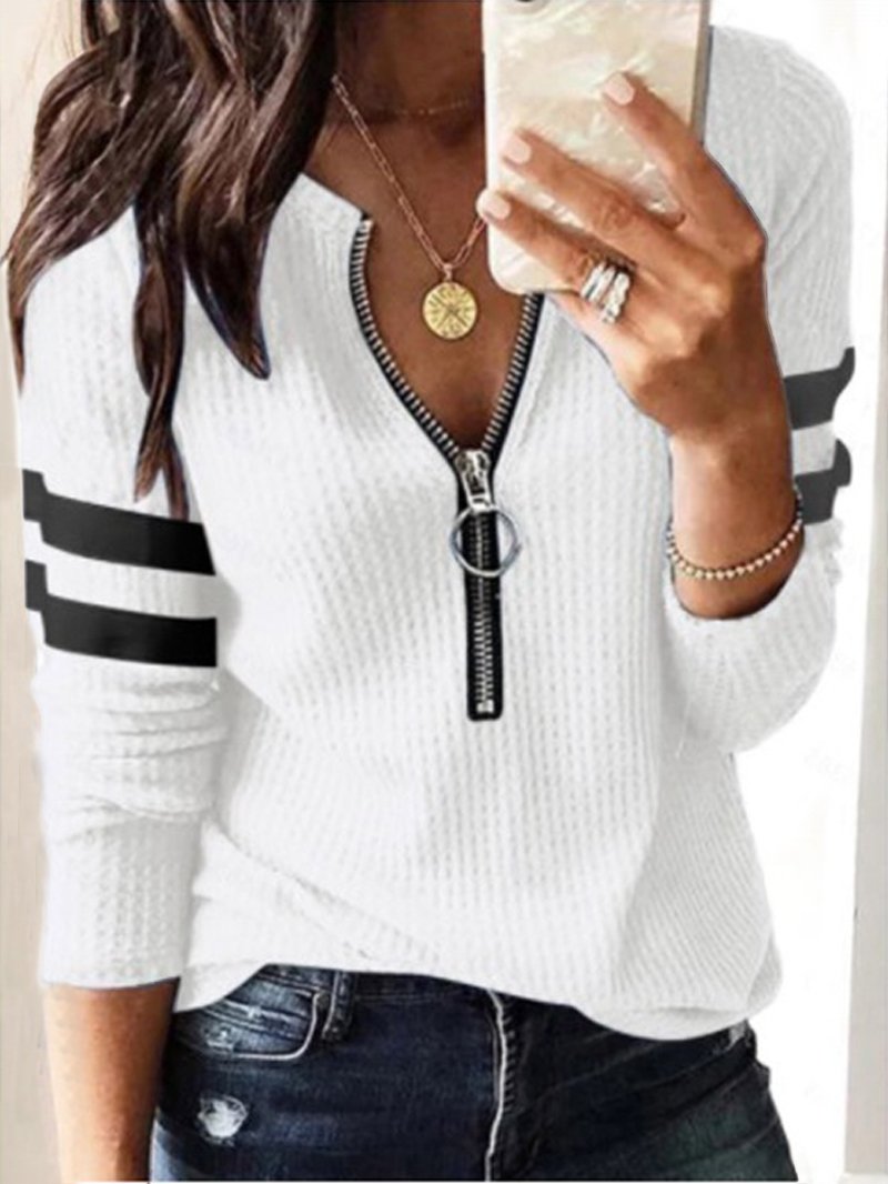 Knitted Solid Color Loose Zipper Long Sleeve T-shirt