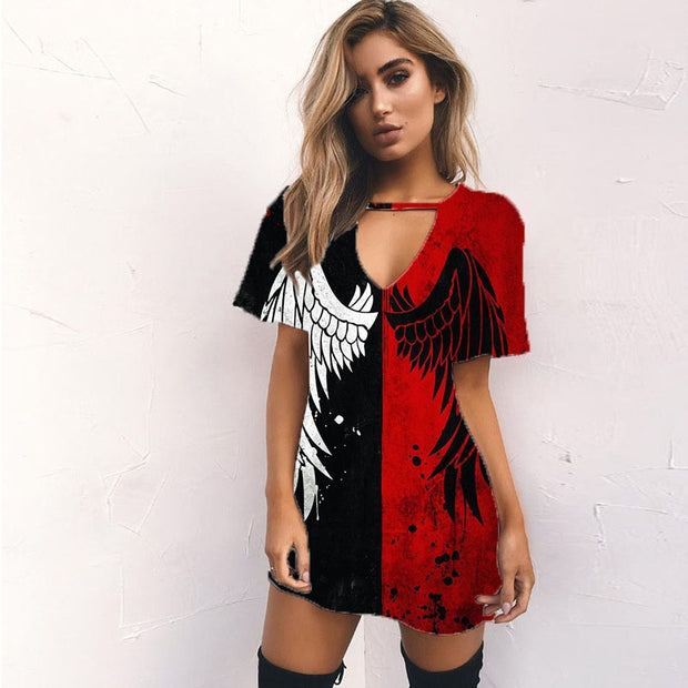Schwarzes und rotes, lässiges, kurzärmliges Kleid mit V-Ausschnitt und Flügel-Print 