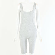 Sexy Solid Color Cotton U-Neck Backless Threaded Jumpsuit