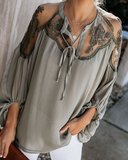 Sexy Lace See-through Loose V-neck Chiffon Shirt