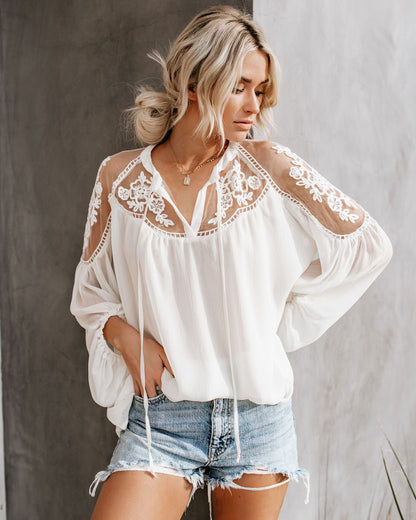 Sexy Lace See-through Loose V-neck Chiffon Shirt