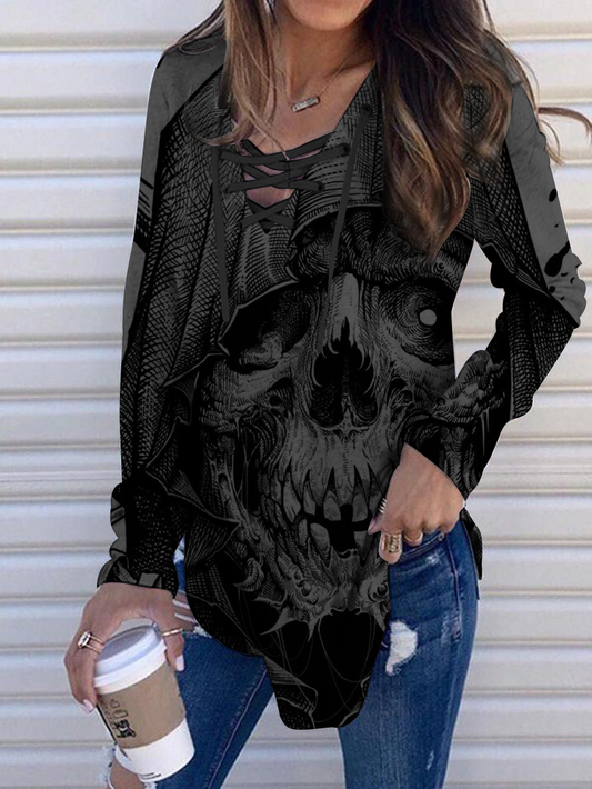 Gothic Horror Skull Full Print V-neck Long-Sleeved Top