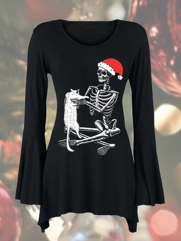 Skeleton Santa And Cat Sleeve Crew Neck Top