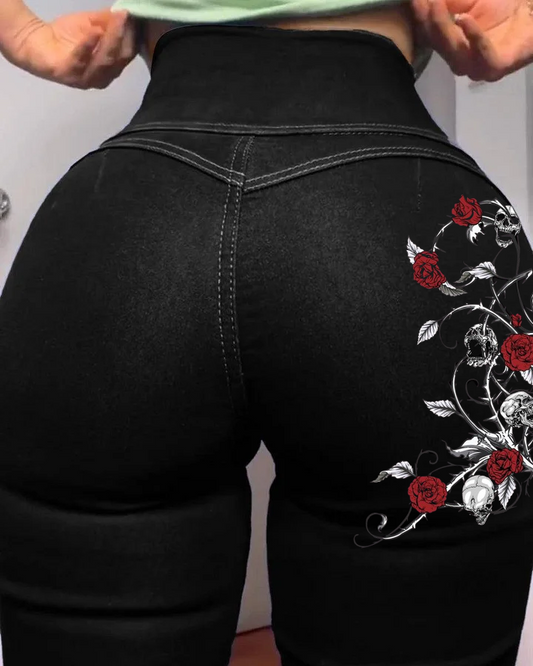 Skull Rose Vine Print Peach Hip Shaping Jeans