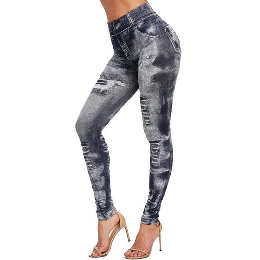 Faux pantalon de yoga taille haute en denim imitation déchiré