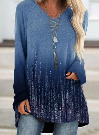 V-NECK LONG-SLEEVED GRADIENT LOOSE TOP