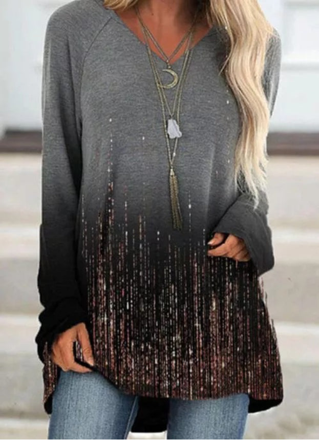 V-NECK LONG-SLEEVED GRADIENT LOOSE TOP