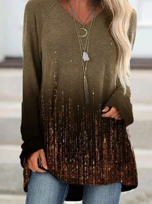 V-NECK LONG-SLEEVED GRADIENT LOOSE TOP