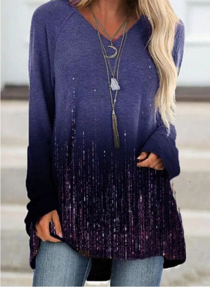 V-NECK LONG-SLEEVED GRADIENT LOOSE TOP