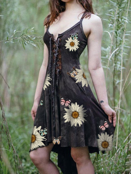 Kleid mit unregelmäßigem Saum und Sonnenblumen-Schmetterlings-Print 