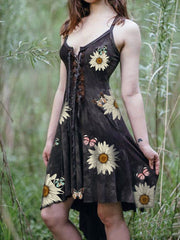 Irregular hem sunflower butterfly print dress